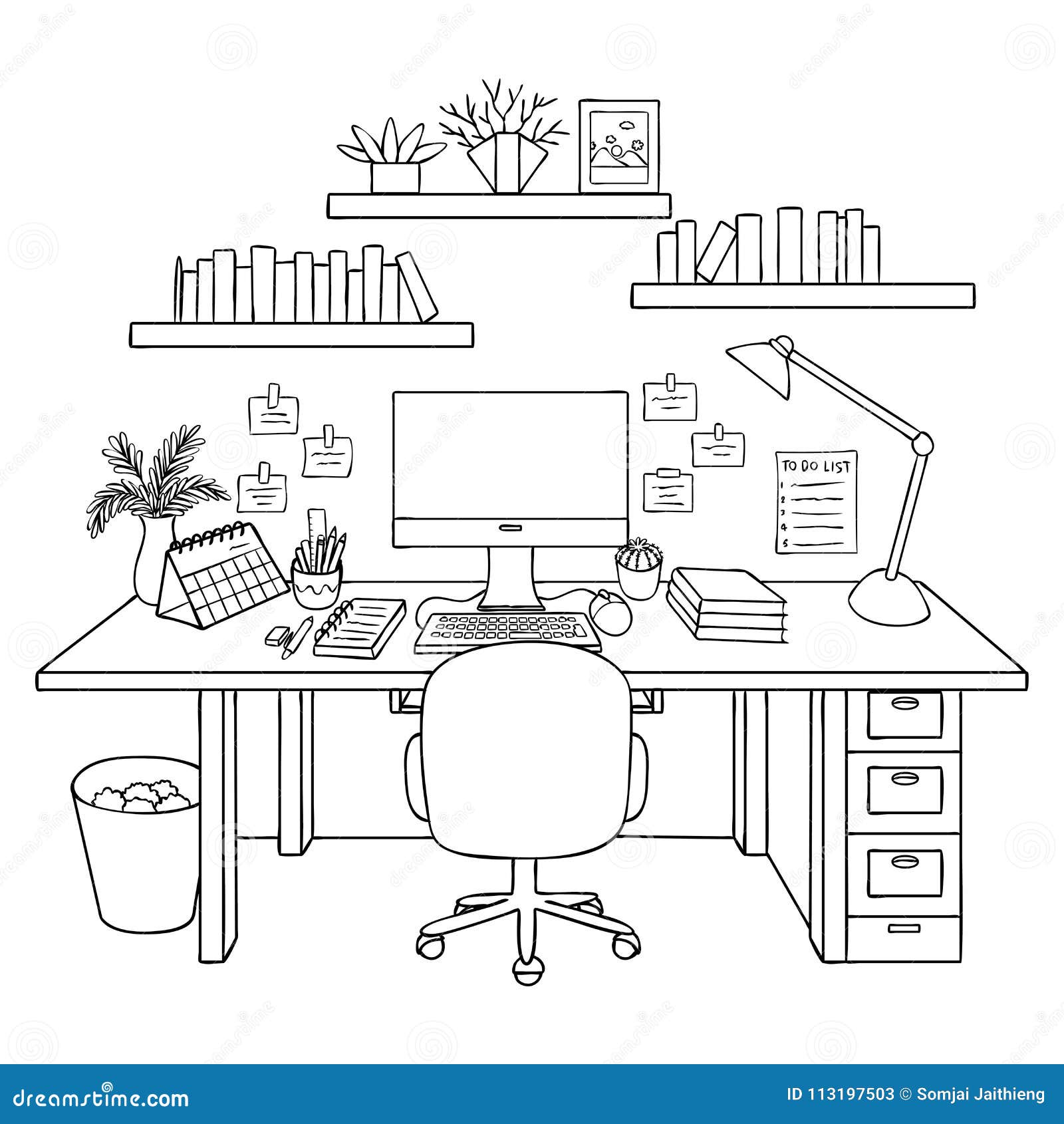 Hand drawn working room isolated on white background for design element and coloring book page vector illustration stock vector