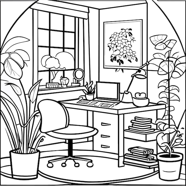 Premium vector coloring page table and chair furniture and room interior