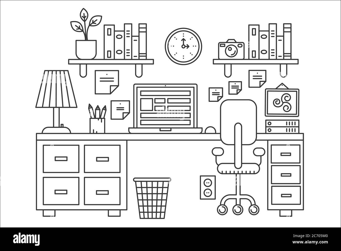 Vector illustration of black line single colored office table with puter outline style stock vector image art