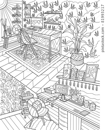 Study room line drawing with puter carpet