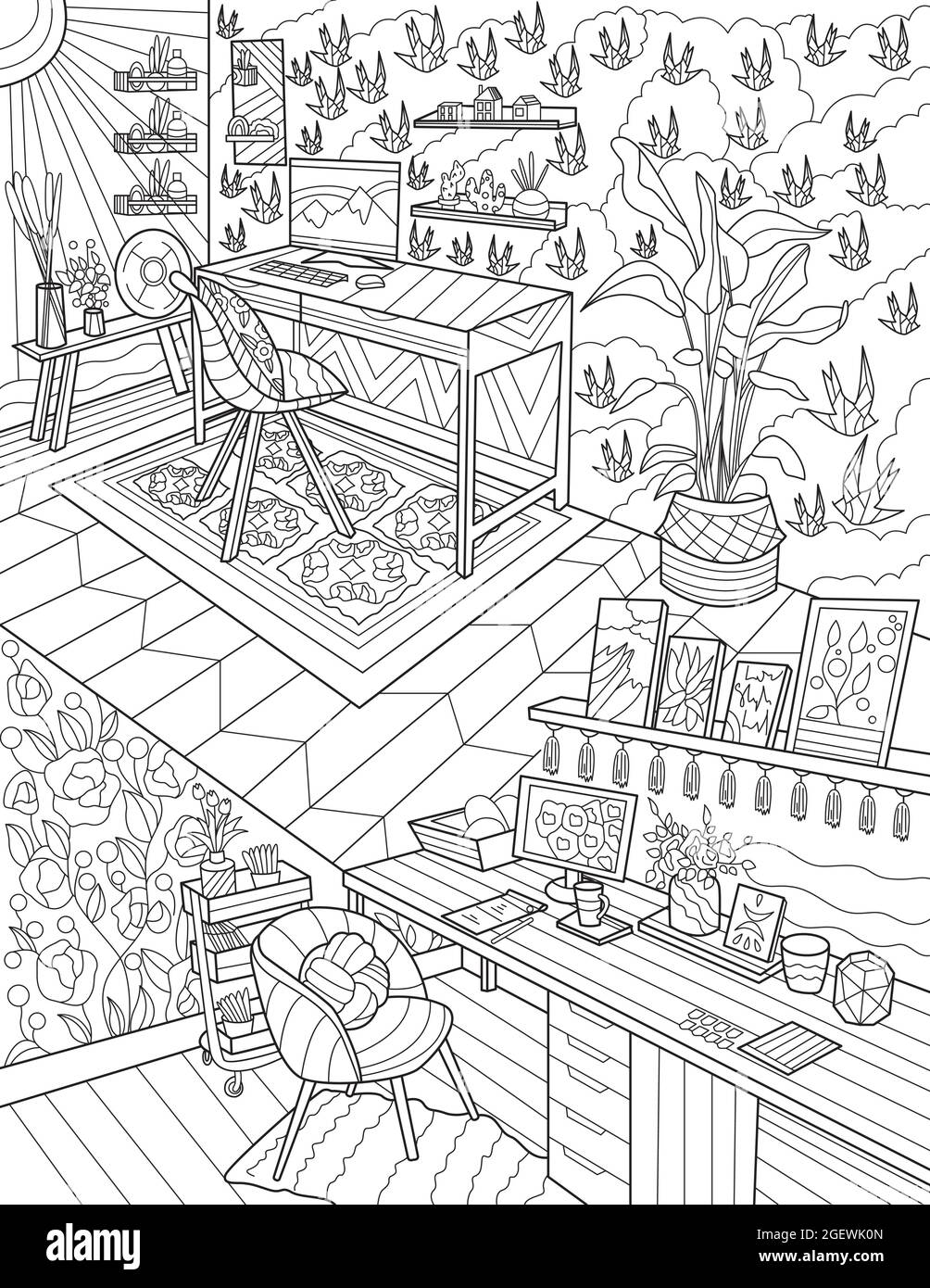Study room line drawing with puter carpet desk chair plants home office with laptop screen table potted plants coloring book page stock vector image art
