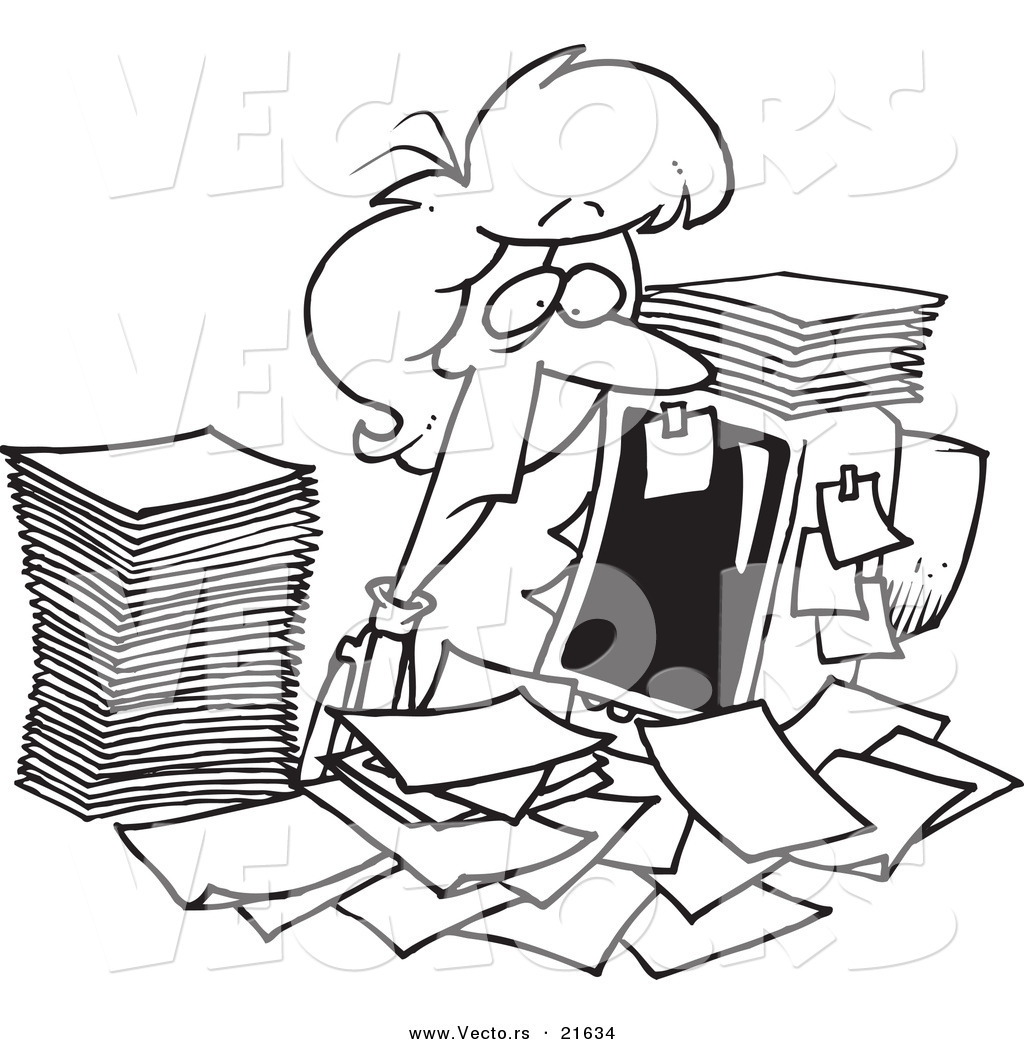 R of a cartoon businesswoman surrounded by paperwork at her office desk