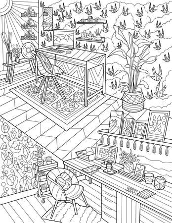 Study room line drawing with puter carpet desk chair plants home office with laptop screen table potted plants coloring book page royalty free svg cliparts vectors and stock illustration image