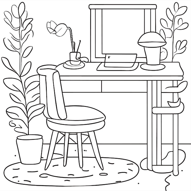 Premium vector coloring page table and chair furniture and room interior