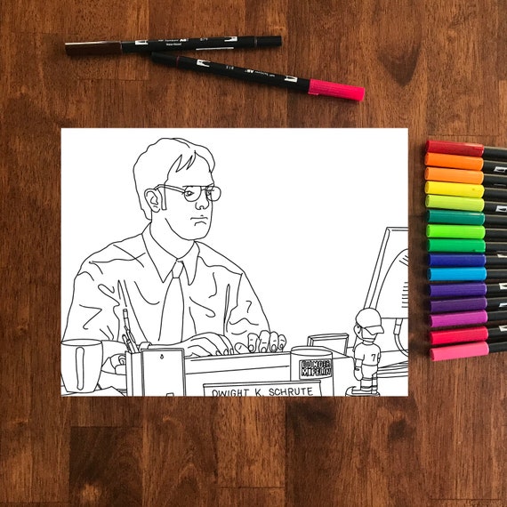 The office inspired dwight schrute at desk coloring sheet instant digital download