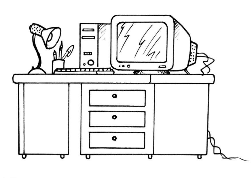 Coloring page desk and puter