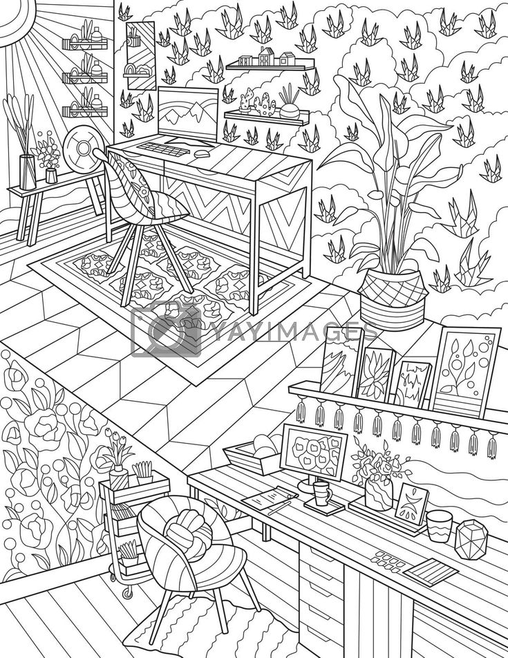 Study room line drawing with puter carpet desk chair plants home office with laptop screen table potted plaâ coloring books line drawing coloring book pages