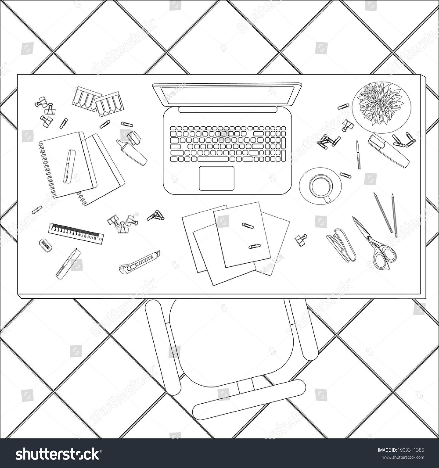 Coloring page work desk office stationery stock vector royalty free
