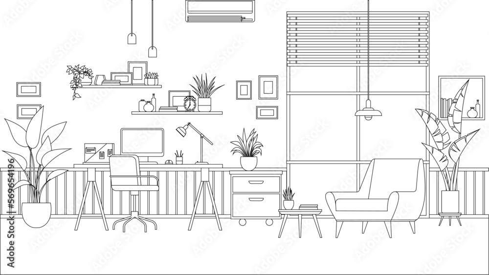 Vetor de modern home office interior line art style workplace with desk chair puter and potted plants empty working place with furniture interior for freelancer work table with chair coloring book do