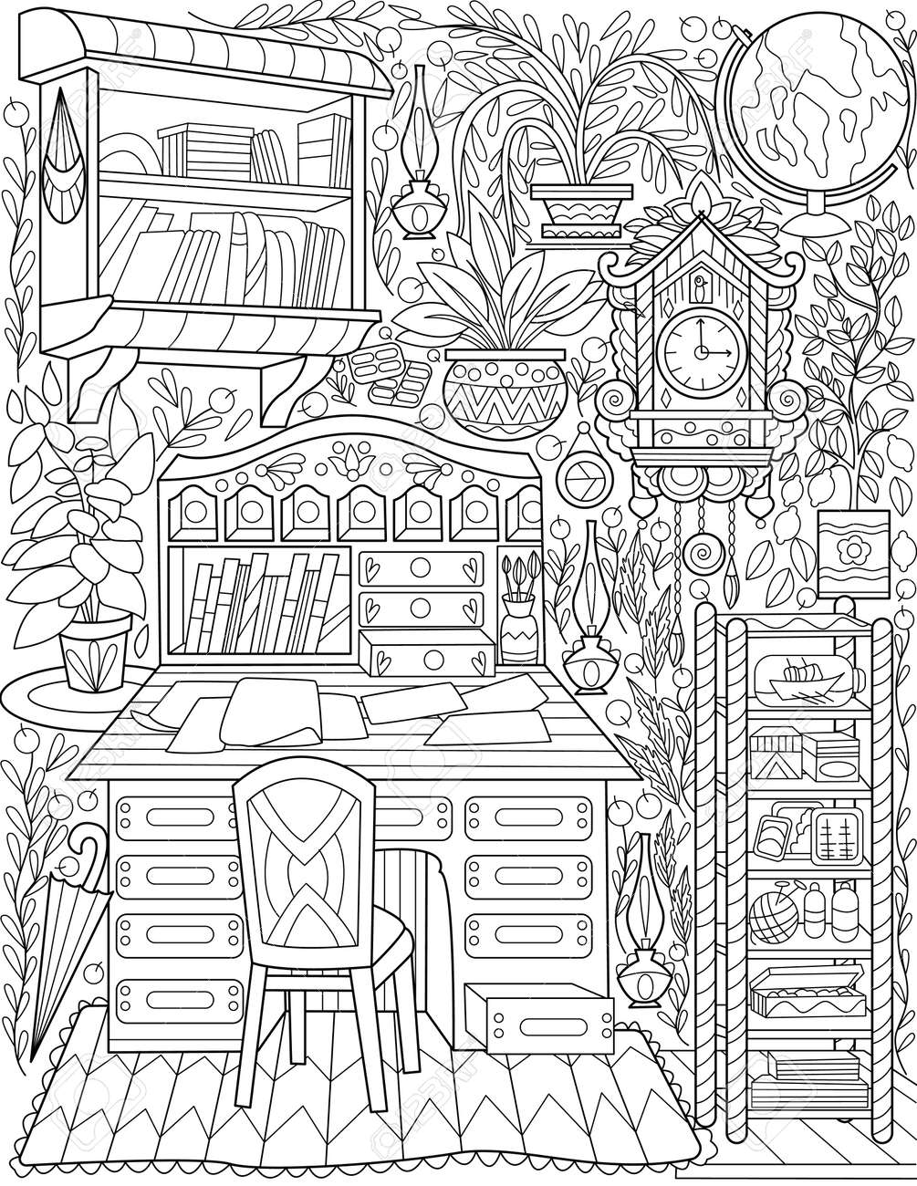 Study room doodle line drawing desk drawer clock globe books plants drawn home office with table books stand clock coloring book page royalty free svg cliparts vectors and stock illustration image
