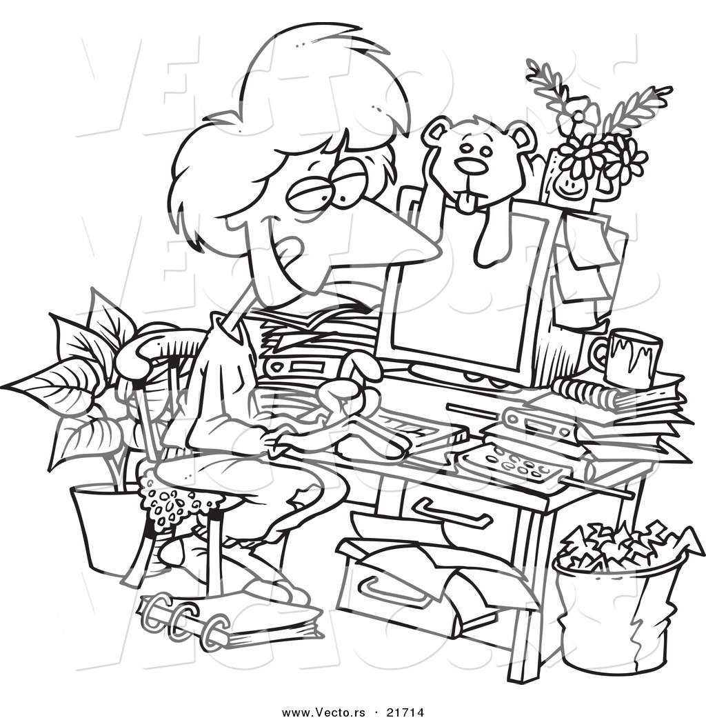 R of a cartoon woman working in her pjs in her cluttered home office