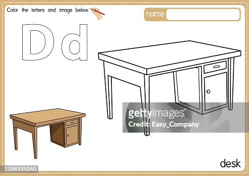 Vector illustration of kids alphabet coloring book page with outlined clip art to color letter d for desk high