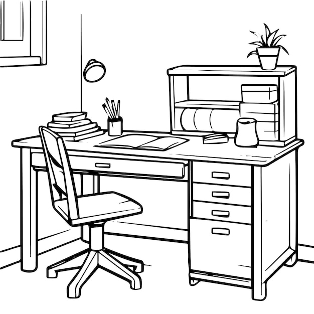 Premium vector cute line art study table coloring page vector illustration