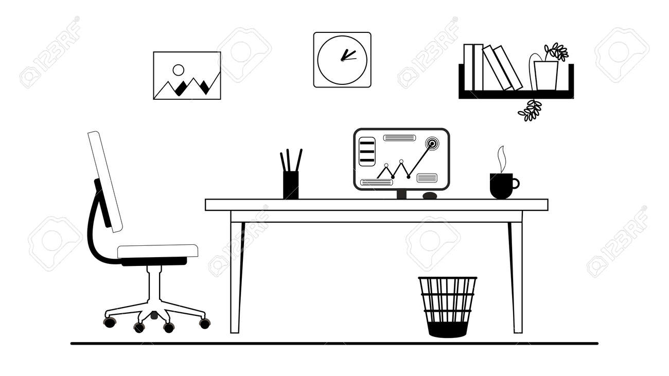 Doodle office black and white vector image of a room for working on a laptop image in rows background for doodle videos sketch of an office or work area coloring pages for