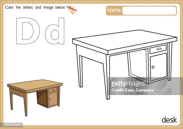 Vector illustration of kids alphabet coloring book page with outlined clip art to color letter d for desk high