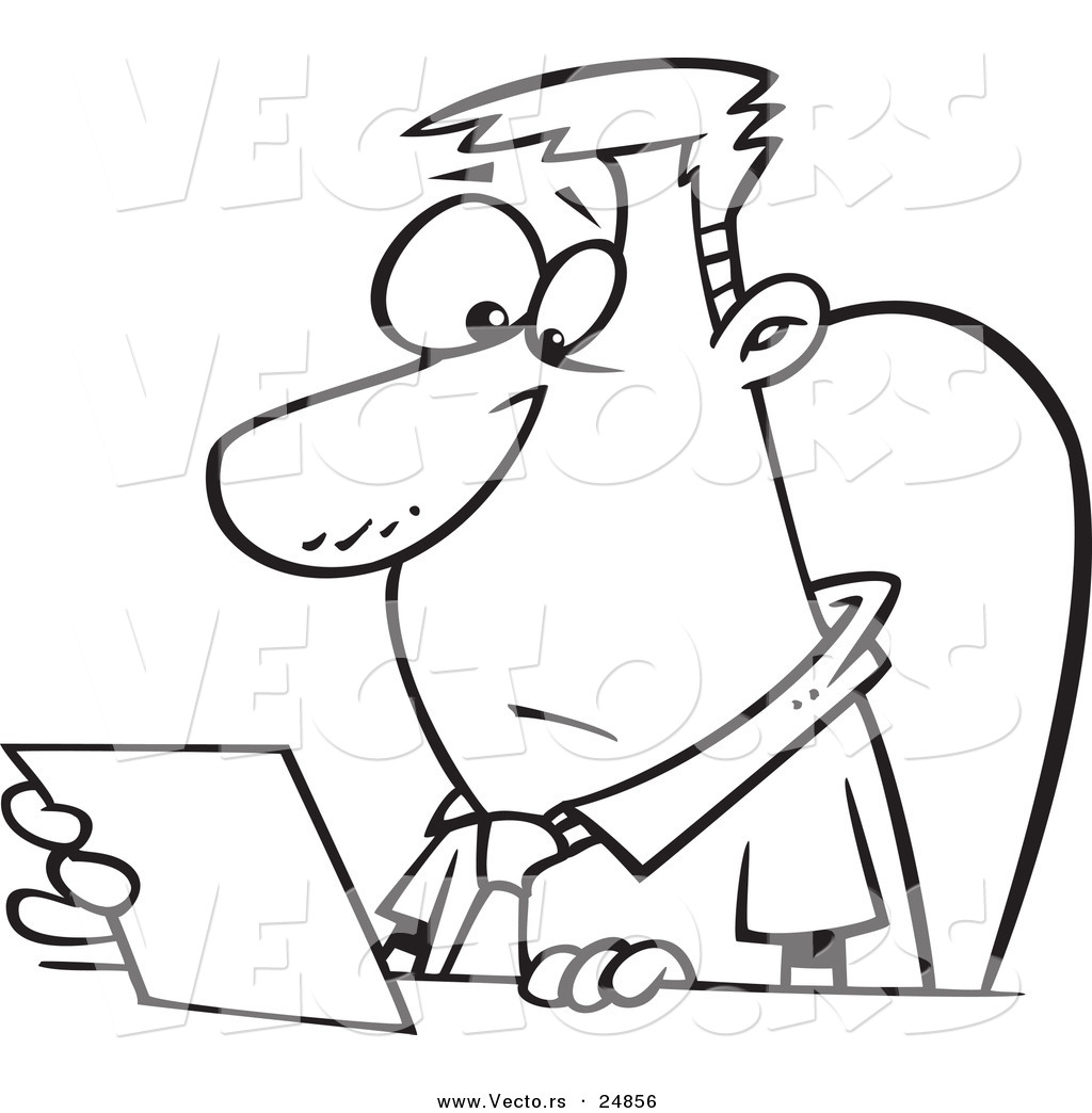 R of a cartoon businessman seated at a desk and reading a memo