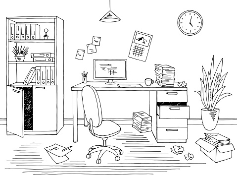 Office mess graphic black white interior sketch illustration vector stock illustration