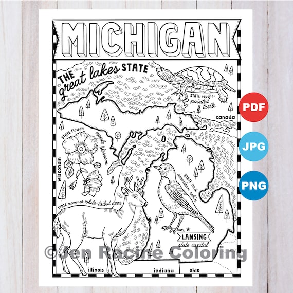 Michigan coloring page united states state map wildlife state symbols flowers coloring pages