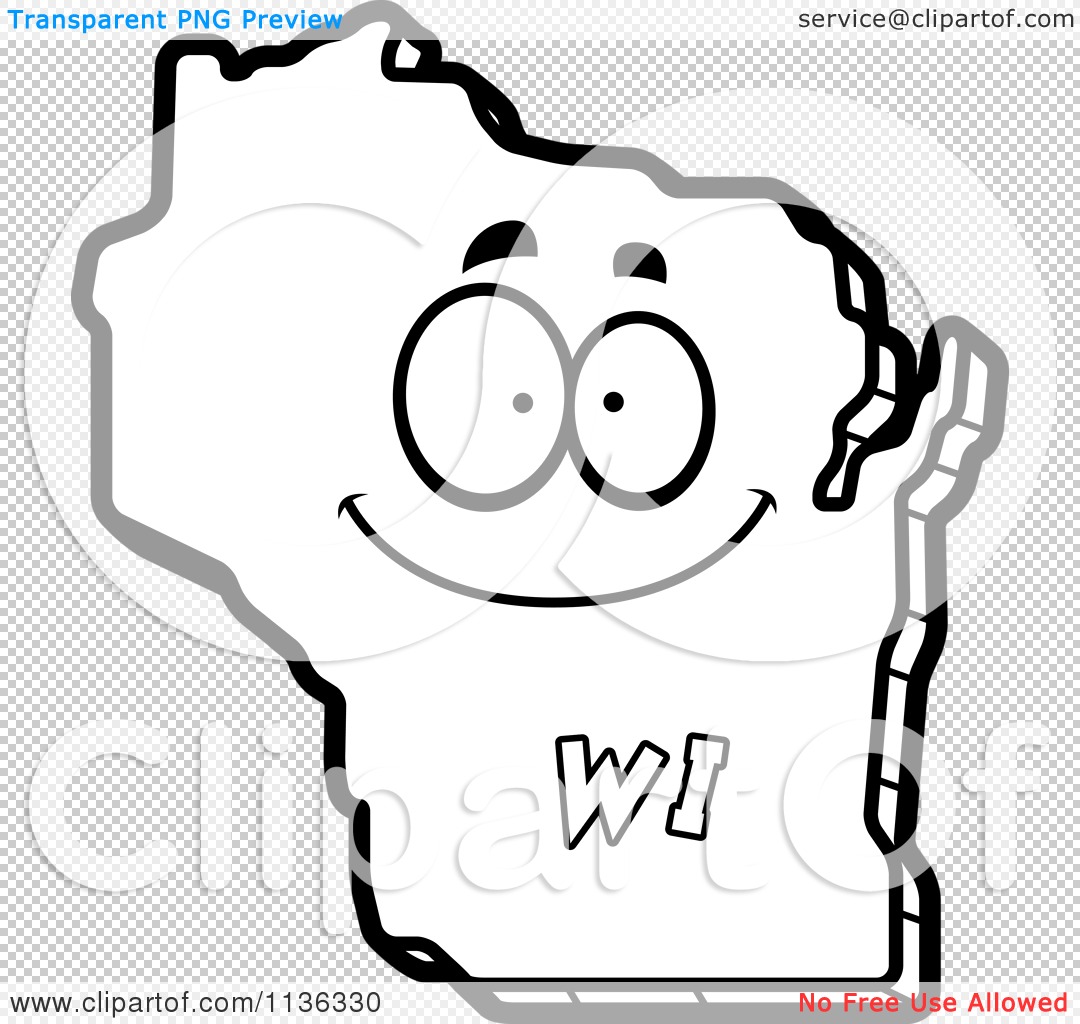 Cartoon clipart of an outlined happy wisconsin state character