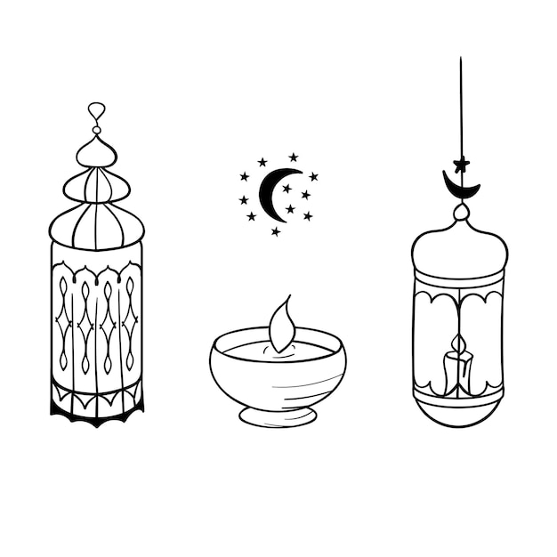 Premium vector set f hand drawn islamic holy day clipart doodle symbols of islam various oil lamps