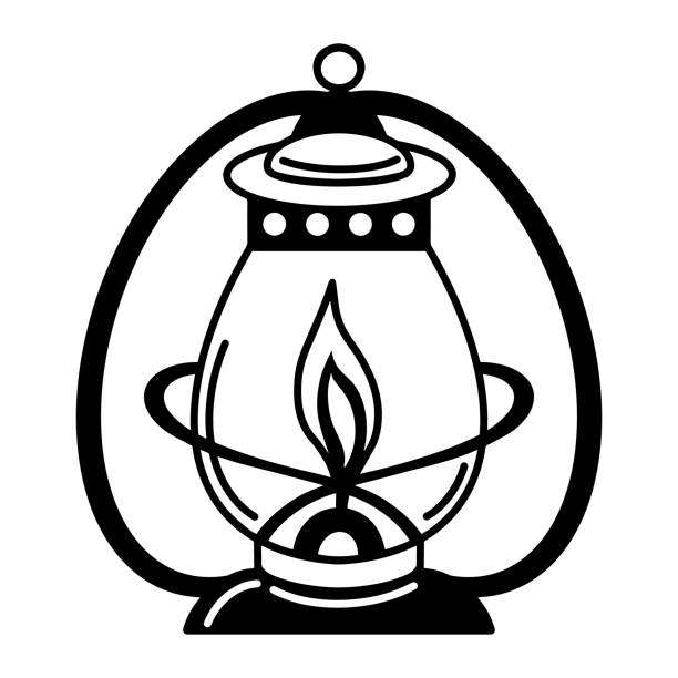 Hand drawn kerosene lamp vector icon in doodle style black antique lighting fixture with metal handle a sketch of a camping lighting device a fire burns inside an oil lamp monochrome illustration