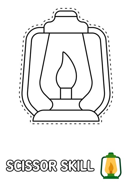 Premium vector scissor skill page with oil lamp for kids