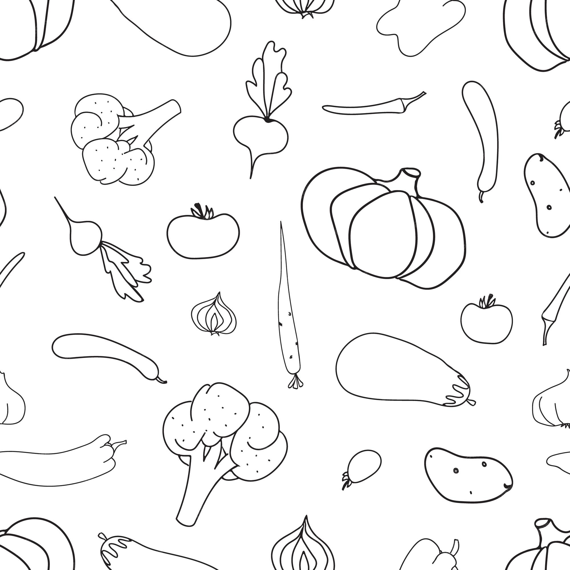 Premium vector vegetables seamless pattern coloring page aubergine pumpkin pepper okra tomatoes onion garlic