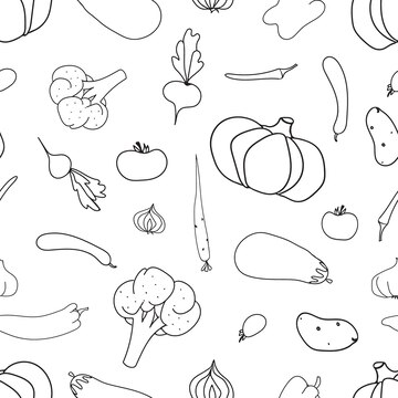 Premium vector vegetables seamless pattern coloring page aubergine pumpkin pepper okra tomatoes onion garlic