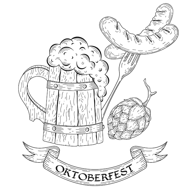 Premium vector oktoberfest poster template vector with grilled sausage hop wooden beer mug beer festival