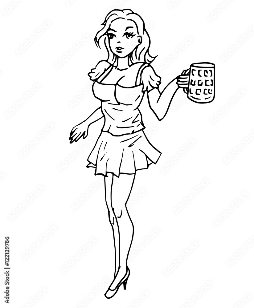 Coloring page of a waitress holding beer at german oktoberfest illustration