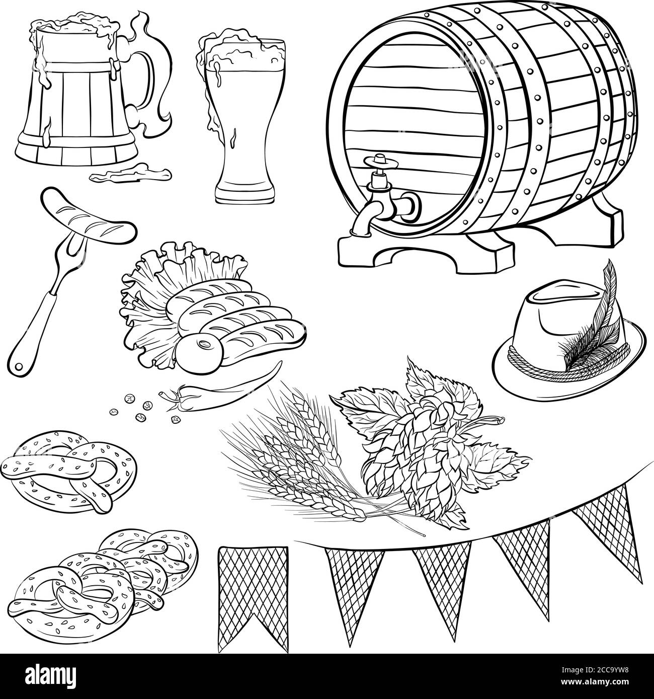 Set with traditional elements of the oktoberfest beer festival line art style hand drawn vector illustration isolated on white background stock vector image art