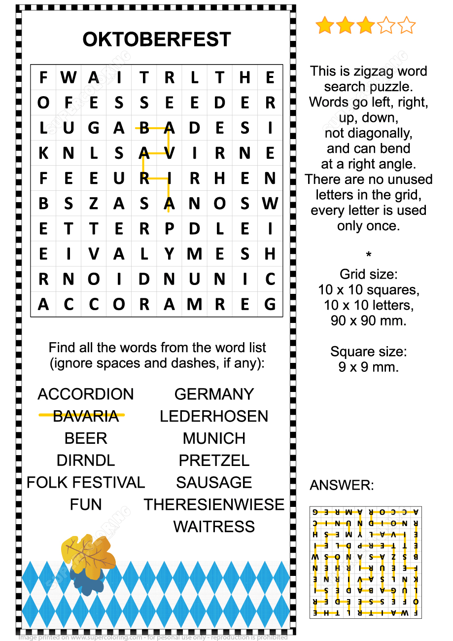 Oktoberfest zigzag word search puzzle free printable puzzle games