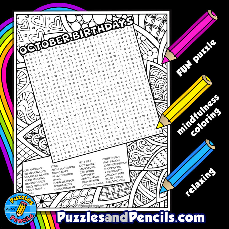 Famous october birthdays word search puzzle with coloring october wordsearch made by teachers