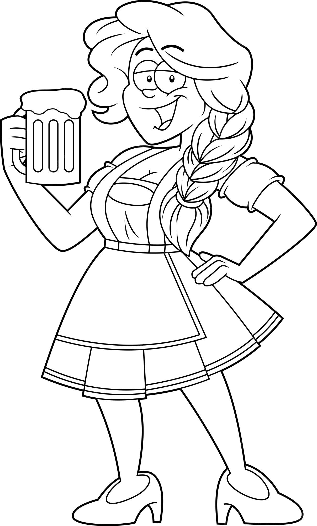 Premium vector outlined oktoberfest girl cartoon character in traditional bavarian clothes holding a beer glass