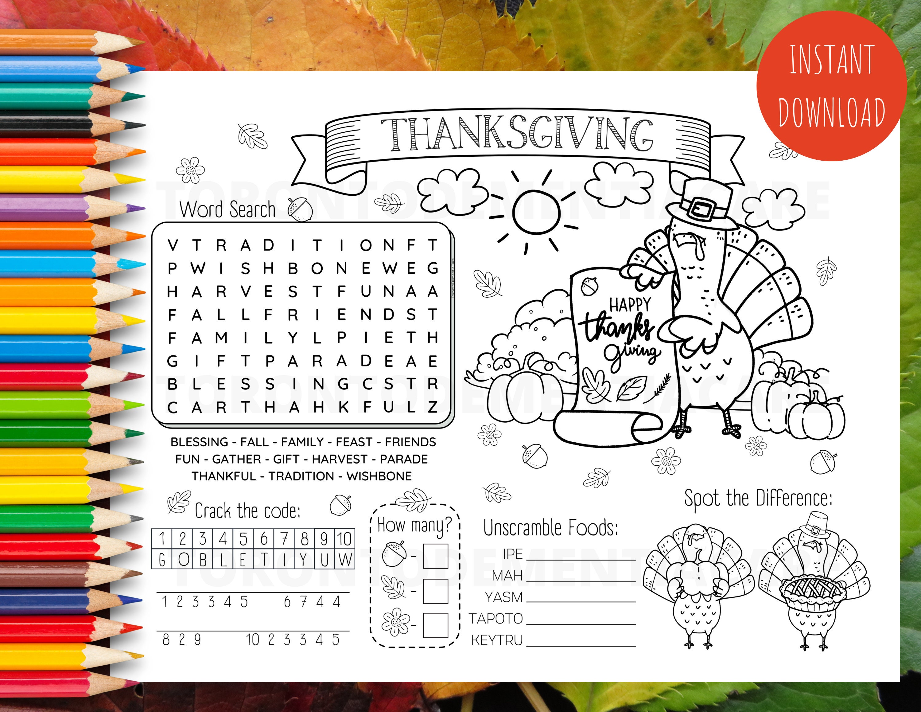 Thanksgiving dementia alzheimers elderly placemat coloring and activity page instant download pdf printable
