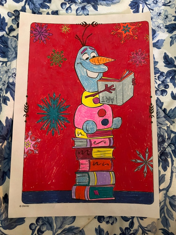 Olaf reading a book hand colored coloring page wall art with activity on the back