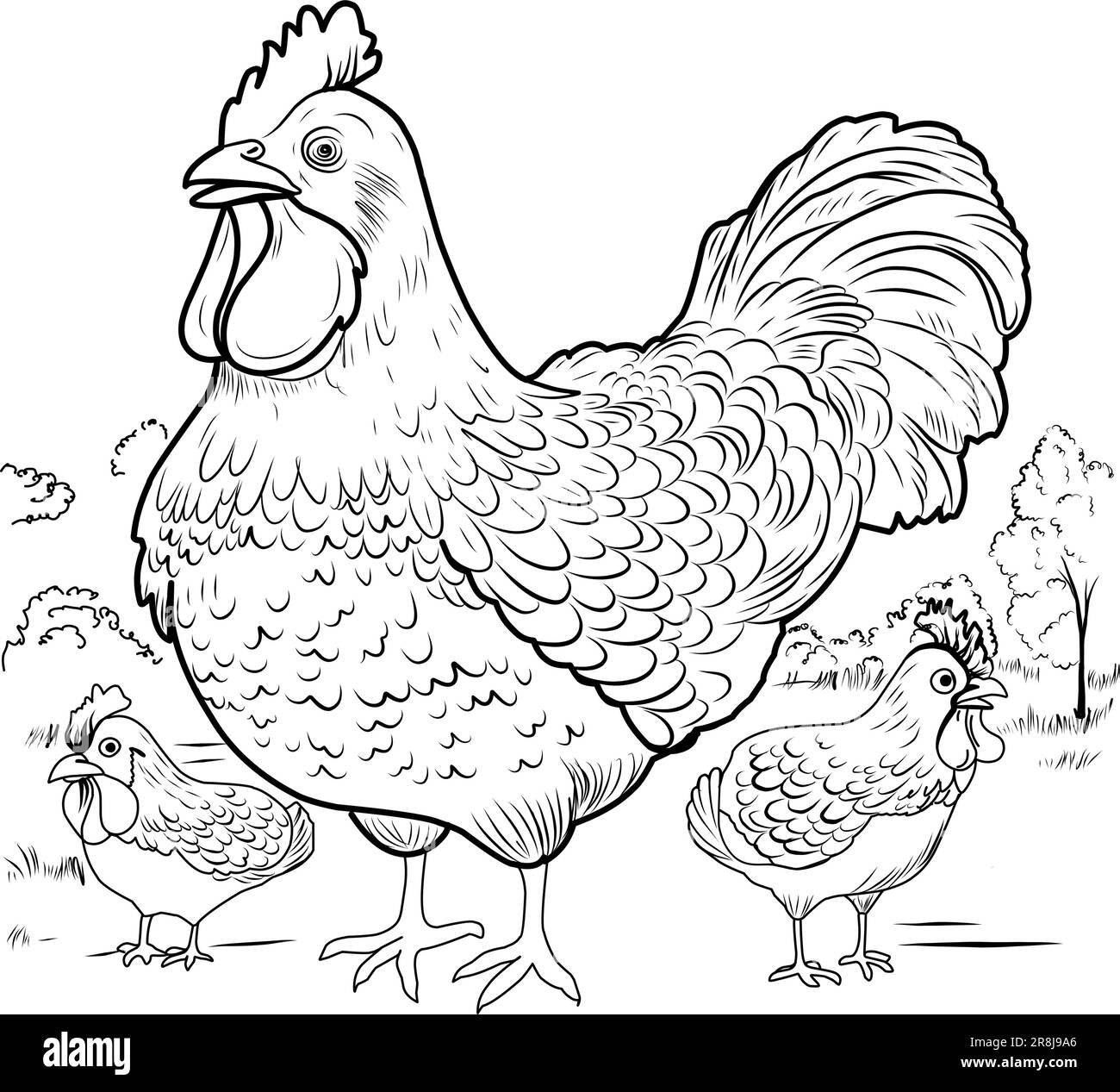 Coloring page chicken with chicks hen laying hen cute funny character linear illustration childrens for coloringbird farm stock vector image art