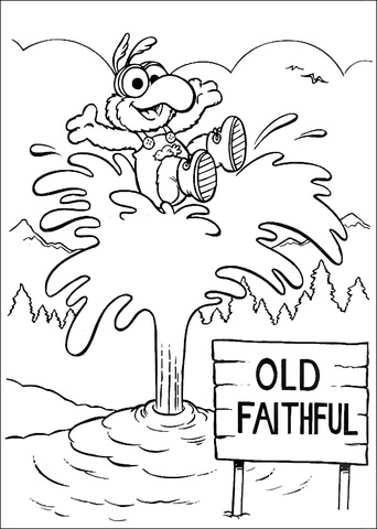 Baby gonzo at old faithful geyser in yellowstone coloring page free printable coloring pages