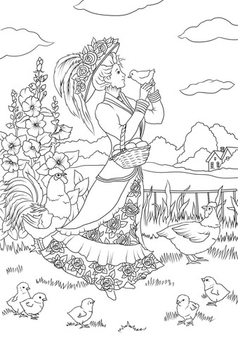 Victorian lady and a chicken in the countryside coloring page free printable coloring pages