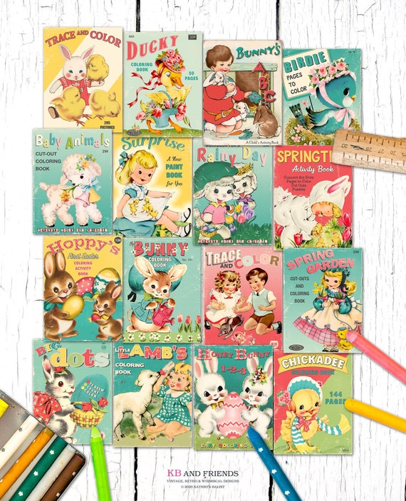 Retro easter spring printable childrens coloring book covers for gift tags crafts junk journals ephemera cards sizes pdf jpeg