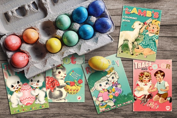 Retro easter spring printable childrens coloring book covers for gift tags crafts junk journals ephemera cards sizes pdf jpeg