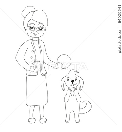 Cartoon old lady with her dog coloring book