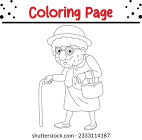 Cute old woman cartoon cane coloring stock vector royalty free