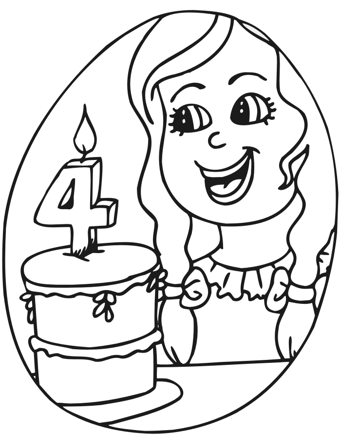 Birthday coloring page a four year old with her cake