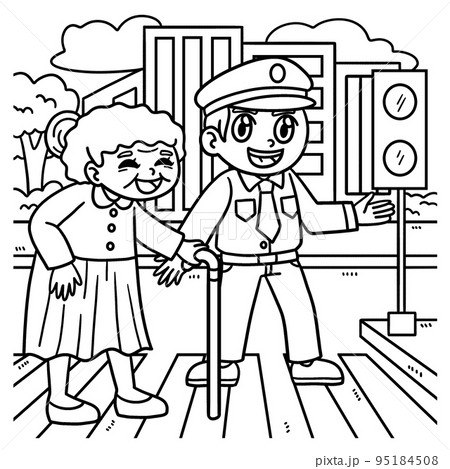 Police helping old woman coloring page for kidsãããããç æ