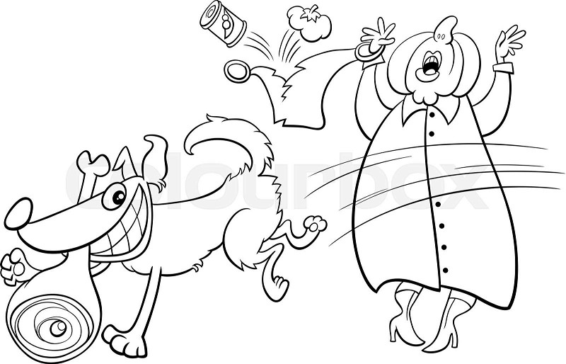 Cartoon dog stealing ham from old lady coloring book page stock vector