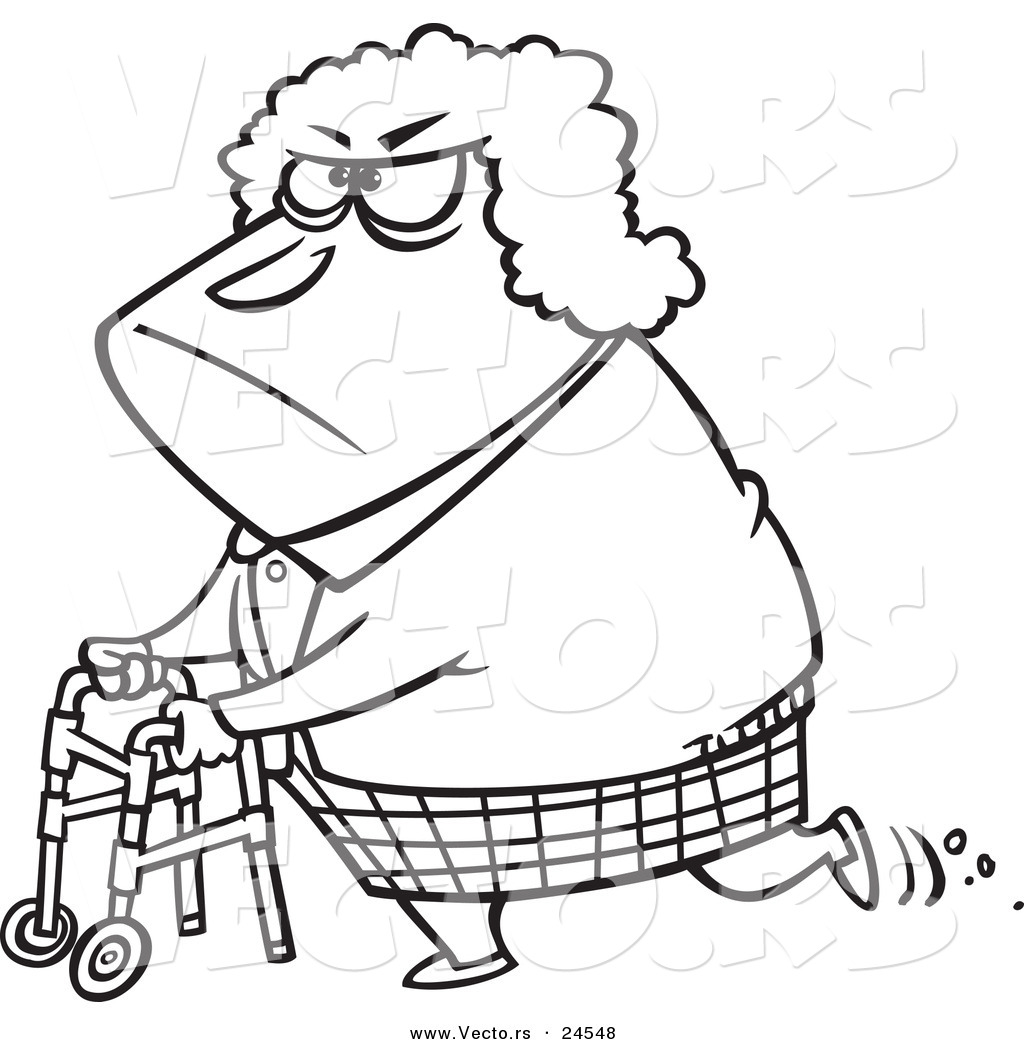 R of a cartoon grumpy granny using her walker