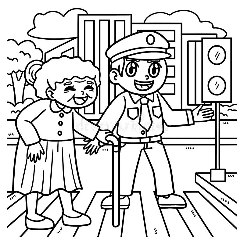Police helping old woman coloring page for kids stock vector