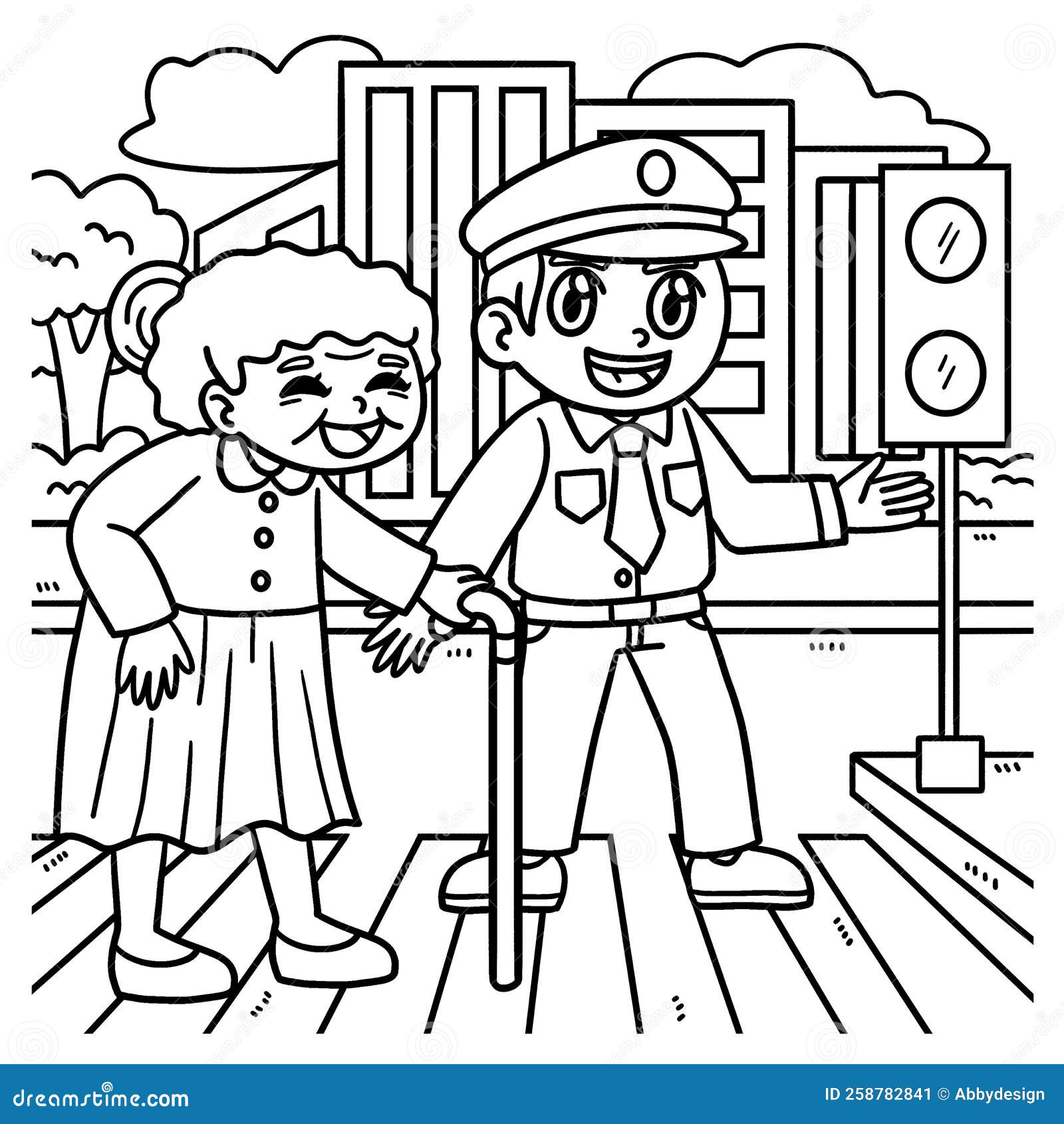 Police helping old woman coloring page for kids stock vector