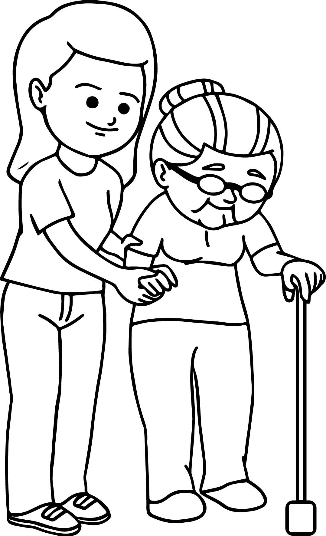Woman helping elderly woman to walk family coloring page wecoloringpage family coloring pages easy coloring pages coloring pages